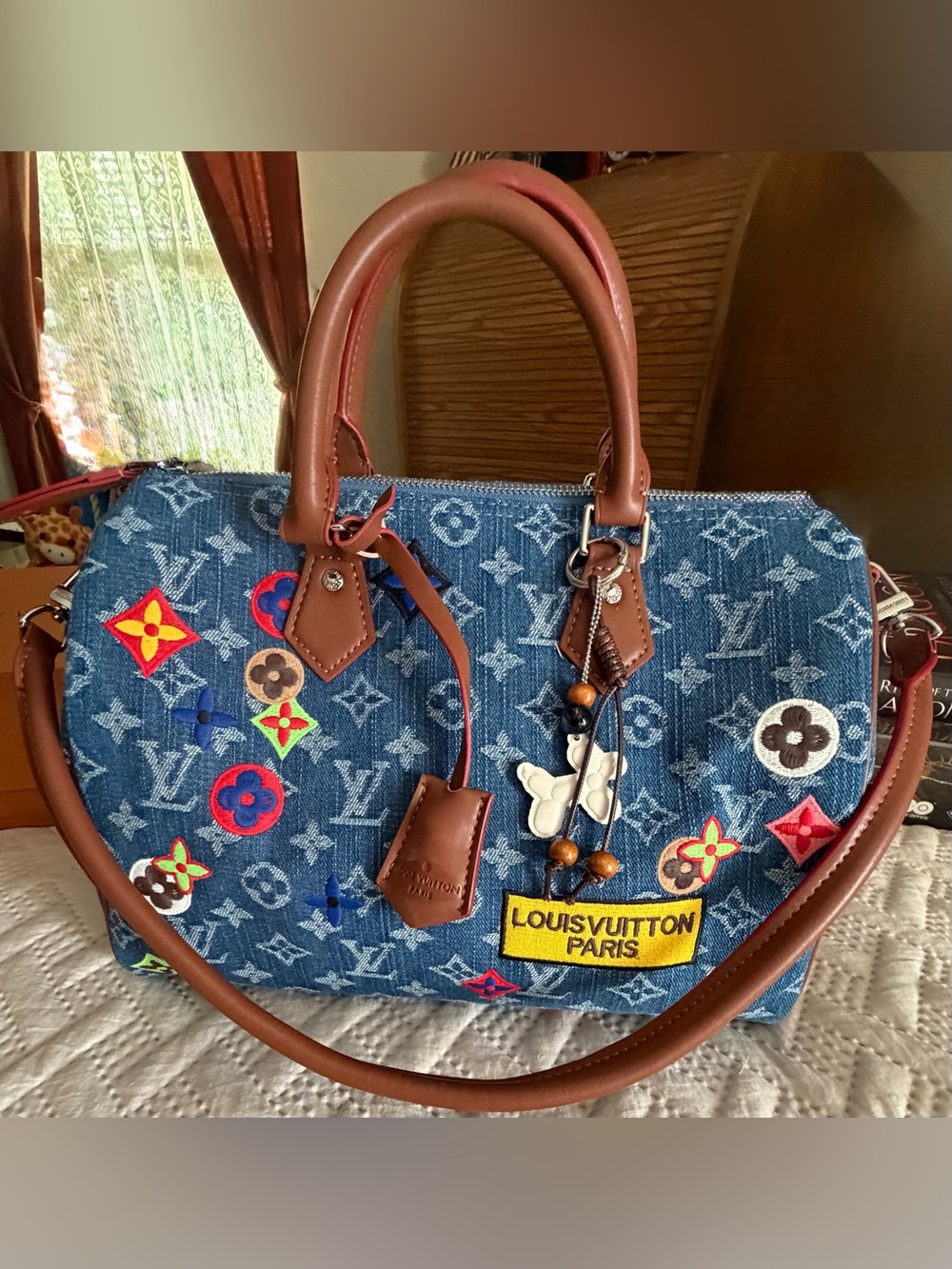 Blue Denim Monogram Satchel with Brown Trim